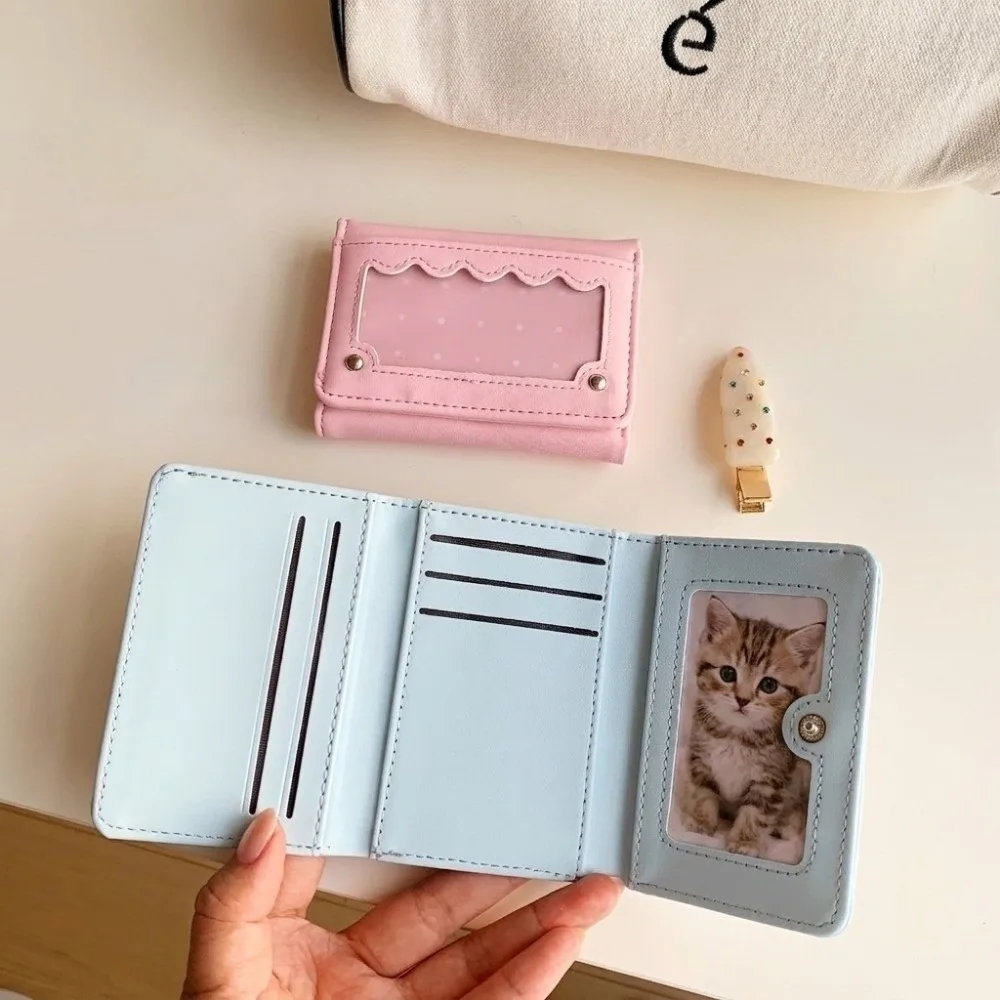 Pu Leather Multi Card Slots Wallet Clear Photo Window Snap Closure Trifold Card Holder Compact Portable Short Coin Purse