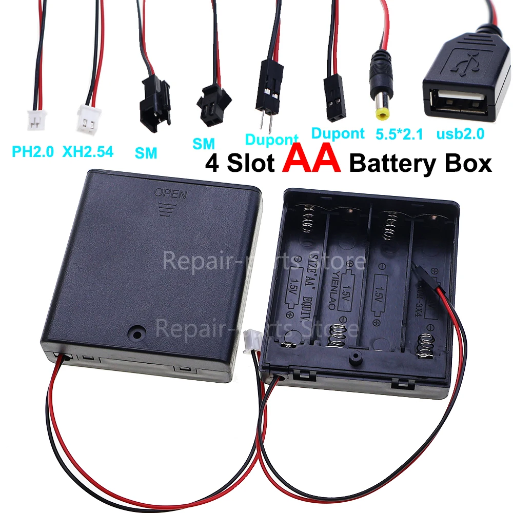 4Slot AA Battery Holder Storage Case Box With Switch & Cover For AA Batteries Standard Container  PH2.0 XH2.54 5.5X2.1MM USB 2.0