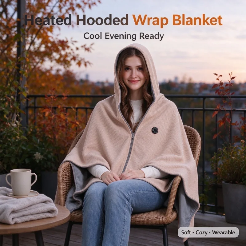USB Heated Hooded Shawl Blanket, Wearable Electric Heating Warm Blanket - With Zipper | Home Office Outdoor Travel Winter Warmth