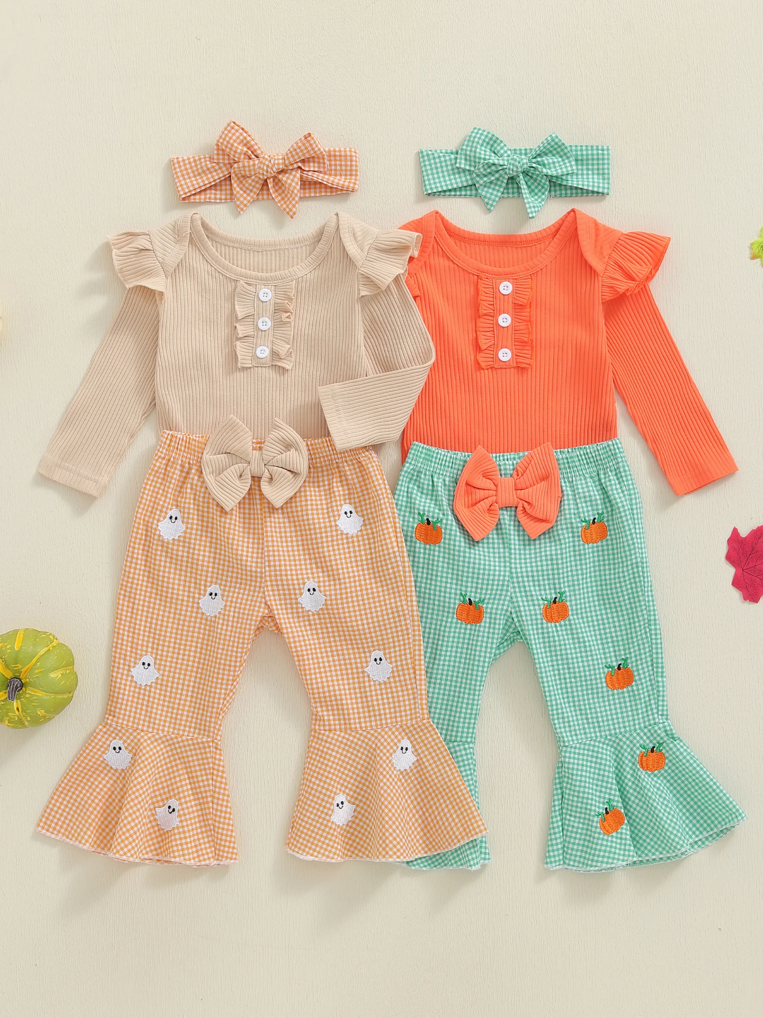 유아 소녀 가을 의류 세트 긴 소매 프릴 롬퍼 호박 자수 바지 및 어울리는 머리띠 - 신생아