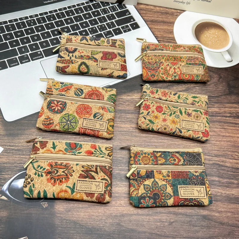 

12pcs Coin Purses Women Cork Leather National Flower Printing Double Zipper Ear Line Wallet