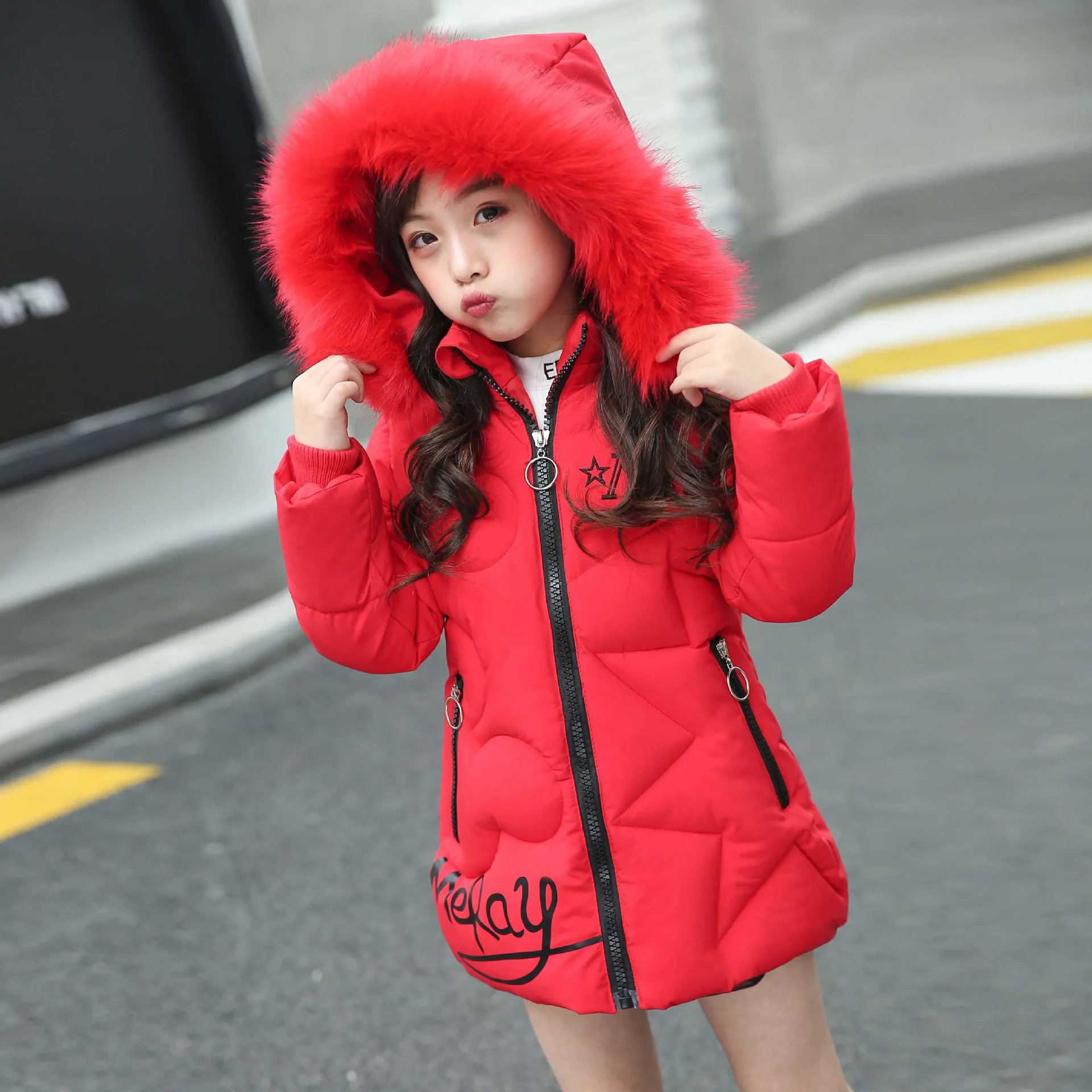 Big Size Teenager Winter Keep Warm Girls Jacket Letter Long Style Hooded Windbreaker Coat For Kids Children Christmas Outerwear