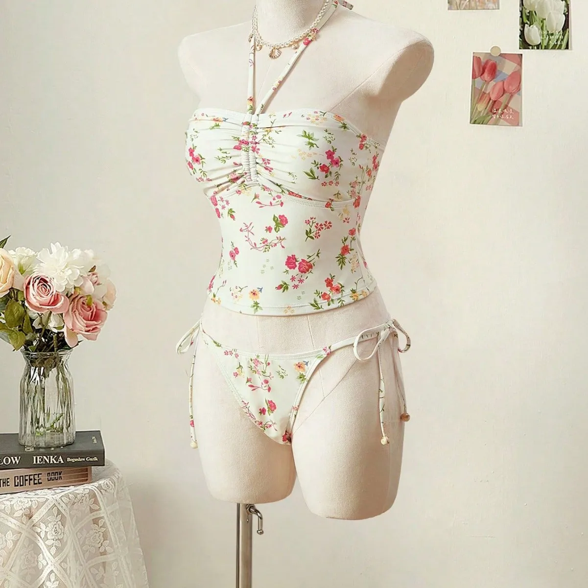 Traje de baño tankini de dos piezas con estampado floral de moda con cuello halter y correa para mujer Traje de baño sexy ajustado sin espalda de cintura alta