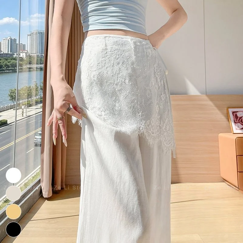 Korean Style Lace Belted Wide Leg Pants High Waist Casual Loose Fit Summer New Women's Long Trousers