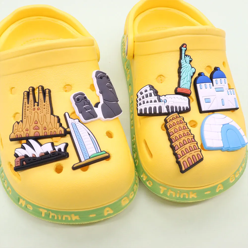 Wholesale 50pcs PVC Shoe Charms Famous Architecture Tower Statue Hole Slipper Accessories Shoe Ornament For Child Hot Gift