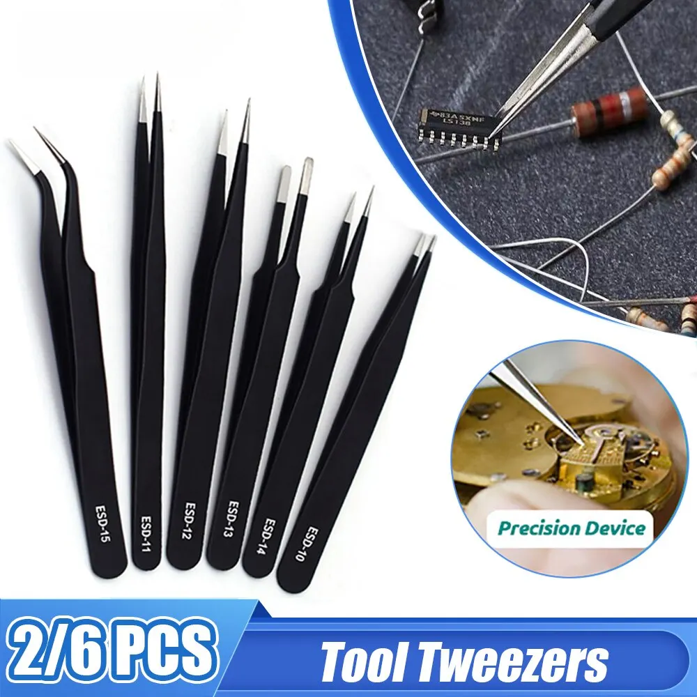 ESD Anti-Static Stainless Steel Tweezers Precision Maintenance Industrial Electronic Repair Tool Home Model Making Hand Tools