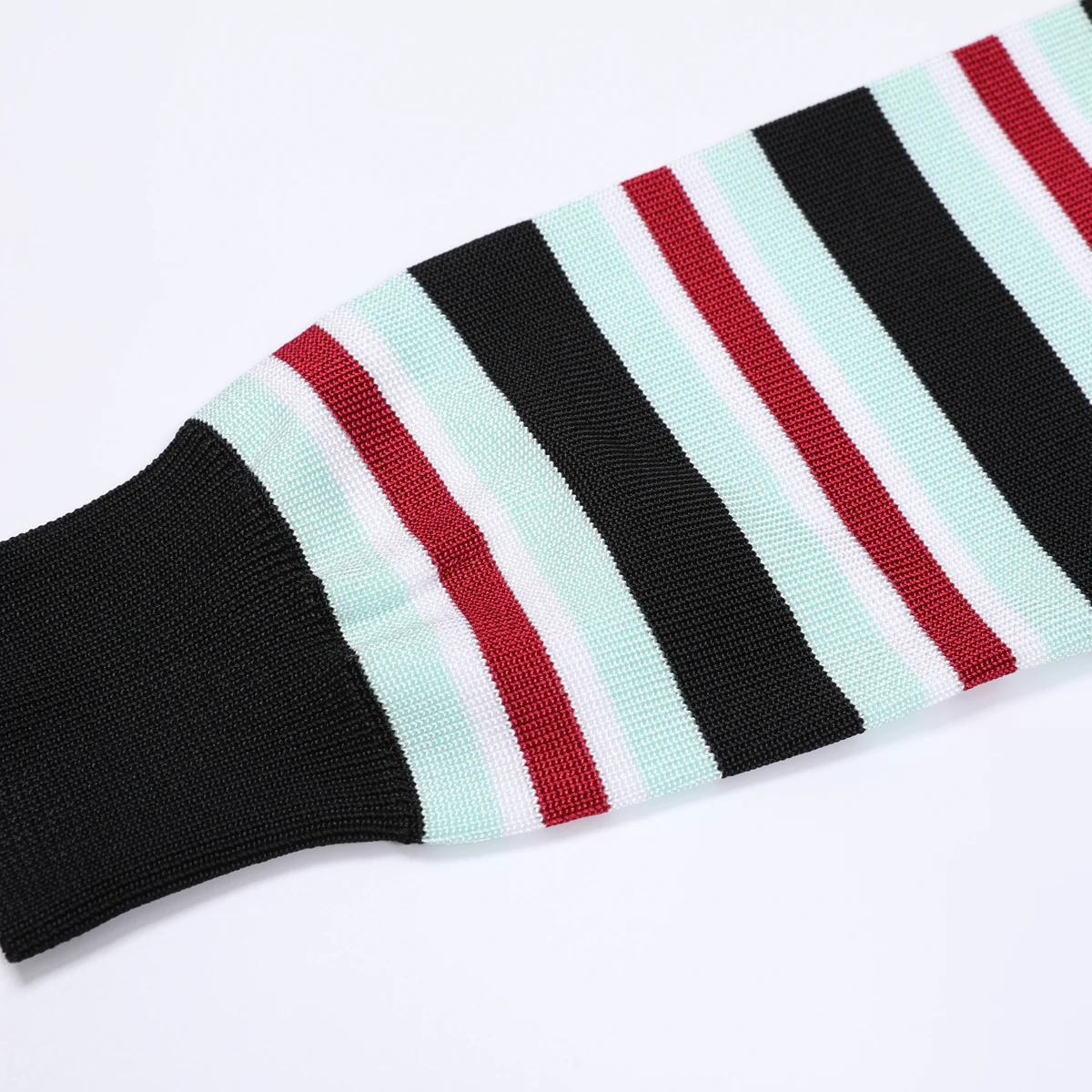 Primavera e outono nova moda feminina clássico de alta qualidade commuter manga longa gola camisa de malha listrado camisola casaco