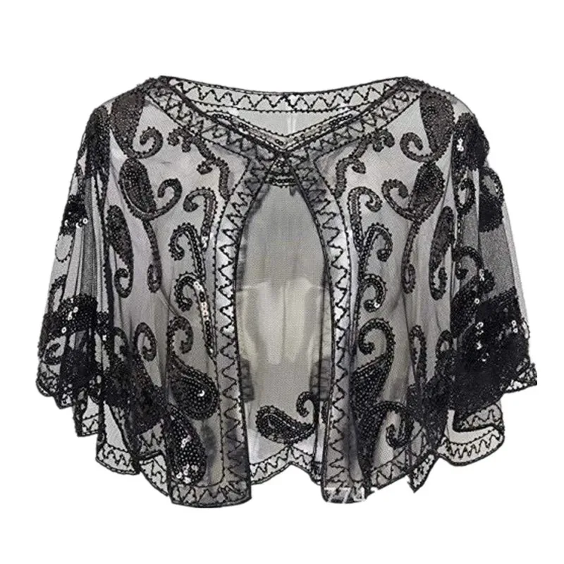 Retro 1920s Beaded Sequin Shawl Vintage Flapper Evening Cape Sheer Mesh Embroidery Women Bolero Party Accessories Cape Dress