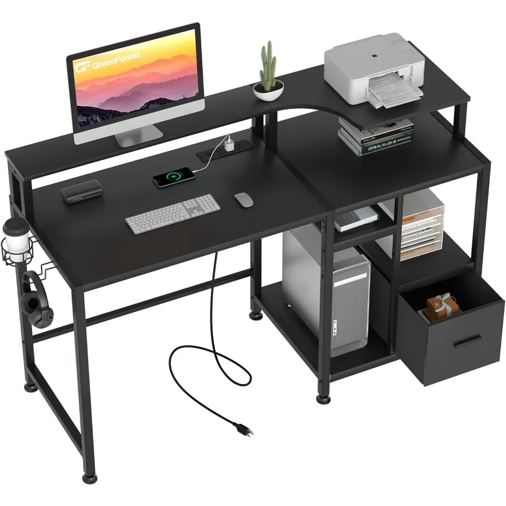 GreenForest 55 Inch Computer Desk with Drawers and Outlets, Home Office Desk with Storage and Printer Shelf, Work Desk