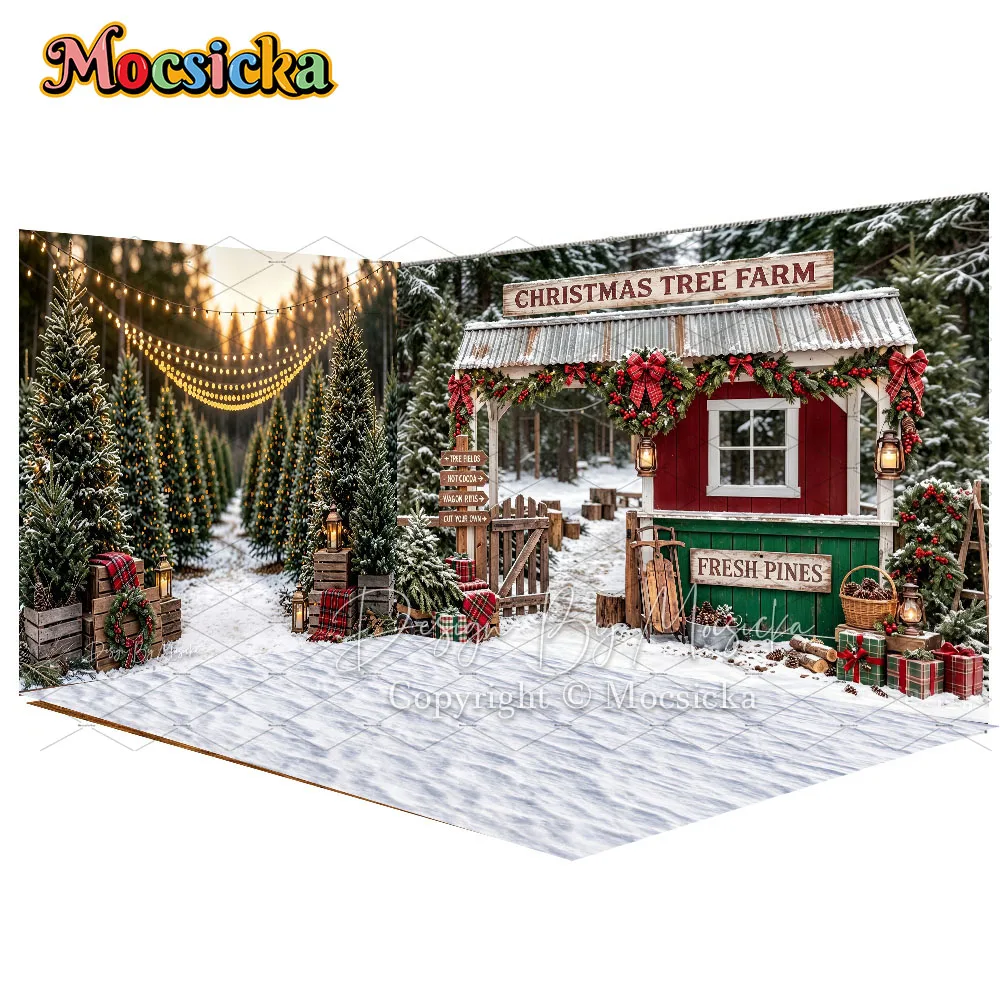 Mocsicka Christmas Tree Farm Corner  Backdrop Photography Snowy Pine Forest Red Cabin Gift Background Kids Family Winter Photo