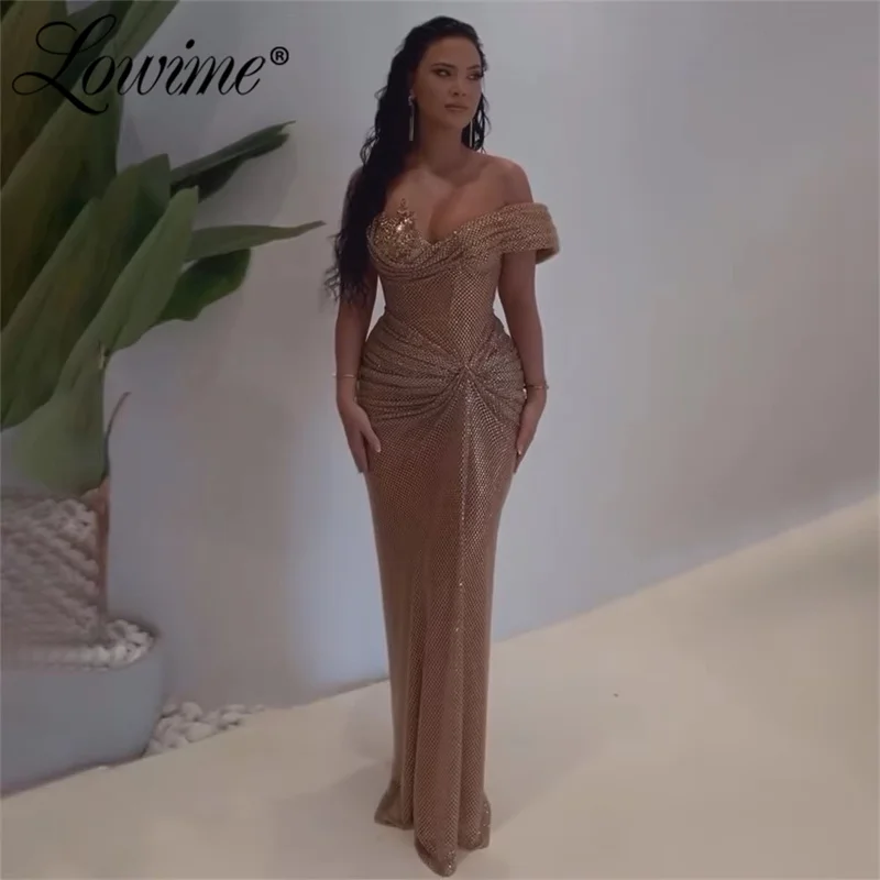 Customized 2025 Rose Gold Saudi Arabic Heavy Beaded High Split Evening Dresses Gowns Formal Occasion Mermaid Prom Party Dress