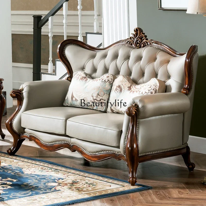 

2 yj15 High-end Villa American Style Genuine Leather Sofa Living Room Household All Solid Wood European Style