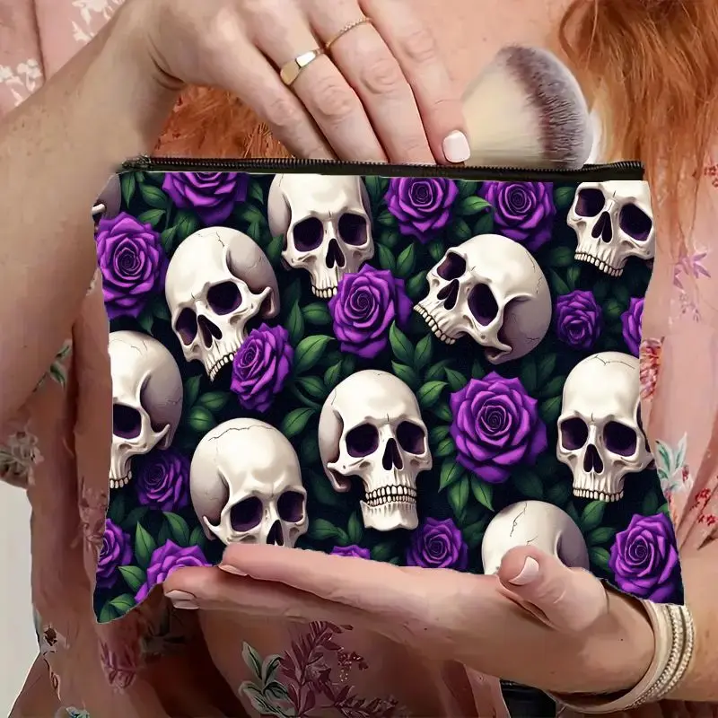 1-piece Halloween-themed skeleton and purple rose cosmetic bag, ideal for storing cosmetics, stationery, data cables, snacks