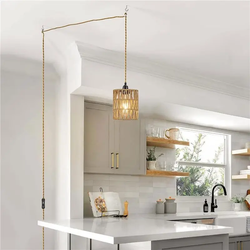 2X Boho Plug In Pendant Light, Hanging Light With Plug In Cord, Ceiling Lamp Rattan Cylinder Lamp Shade Switch EU Plug
