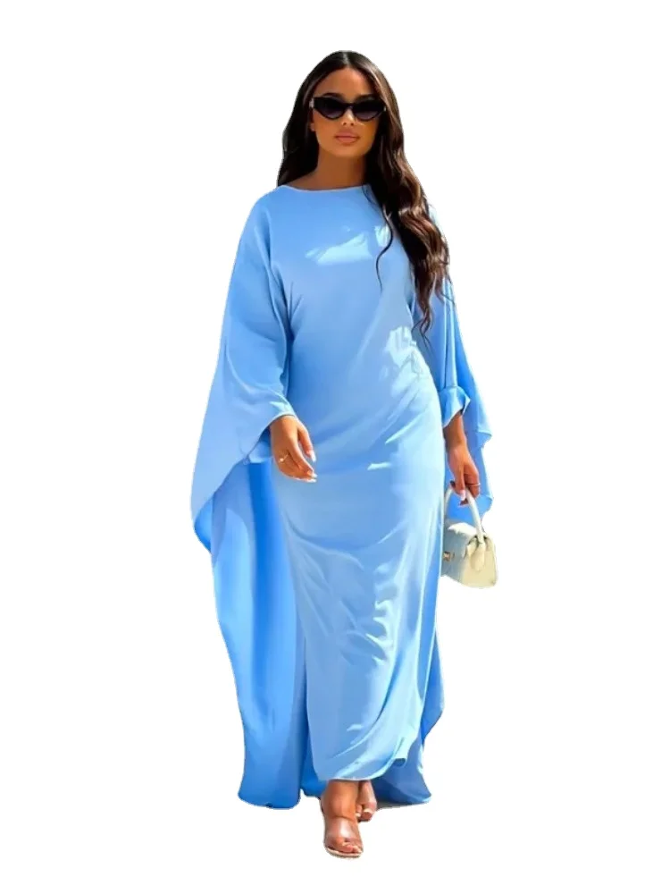 Autumn Fashion Solid Color  Party Dress Muslim Women Round Neck High Waist Large Swing Long Dress Elegant Dress