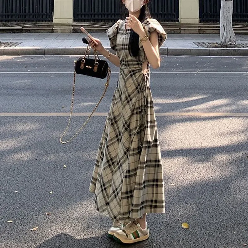 

Vintage Plaid Aura Waist Long Dress Summer French Style A-Line Female Clothing Short Sleeve Stylish Cut Out Drawstring Dresses