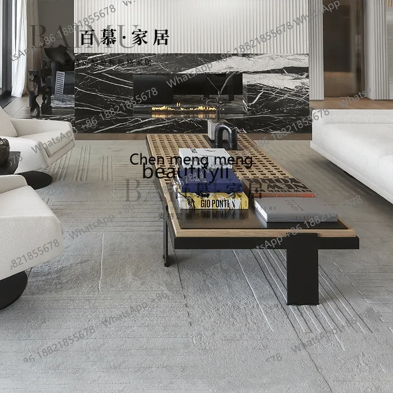 New arrive High-end Italian light luxury rectangular hollow grid solid wood coffee table antique living room natural marble coff