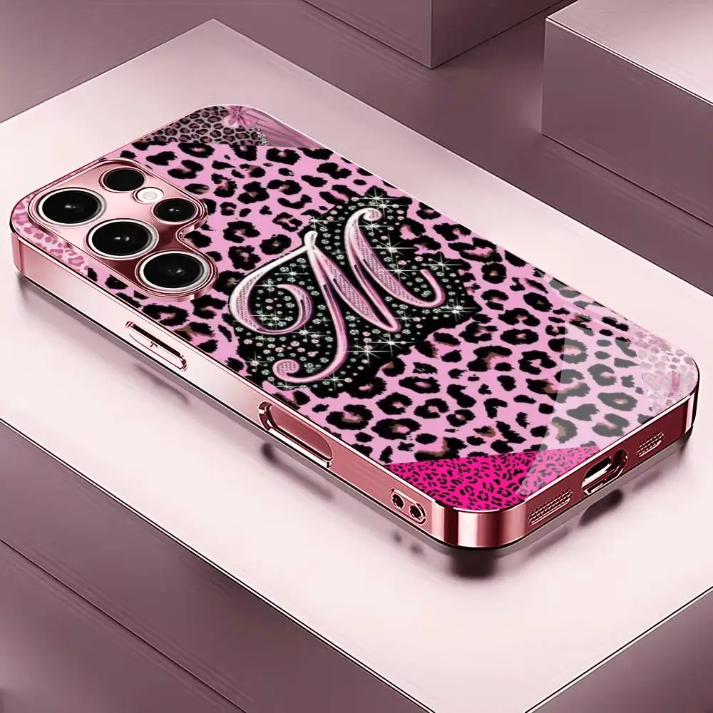Pink leopard letter M bow TPU pink glass phone case for Samsung Galaxy S26 S25 S24 S23 S22FE,Ultra,Plus Super-strong protectio
