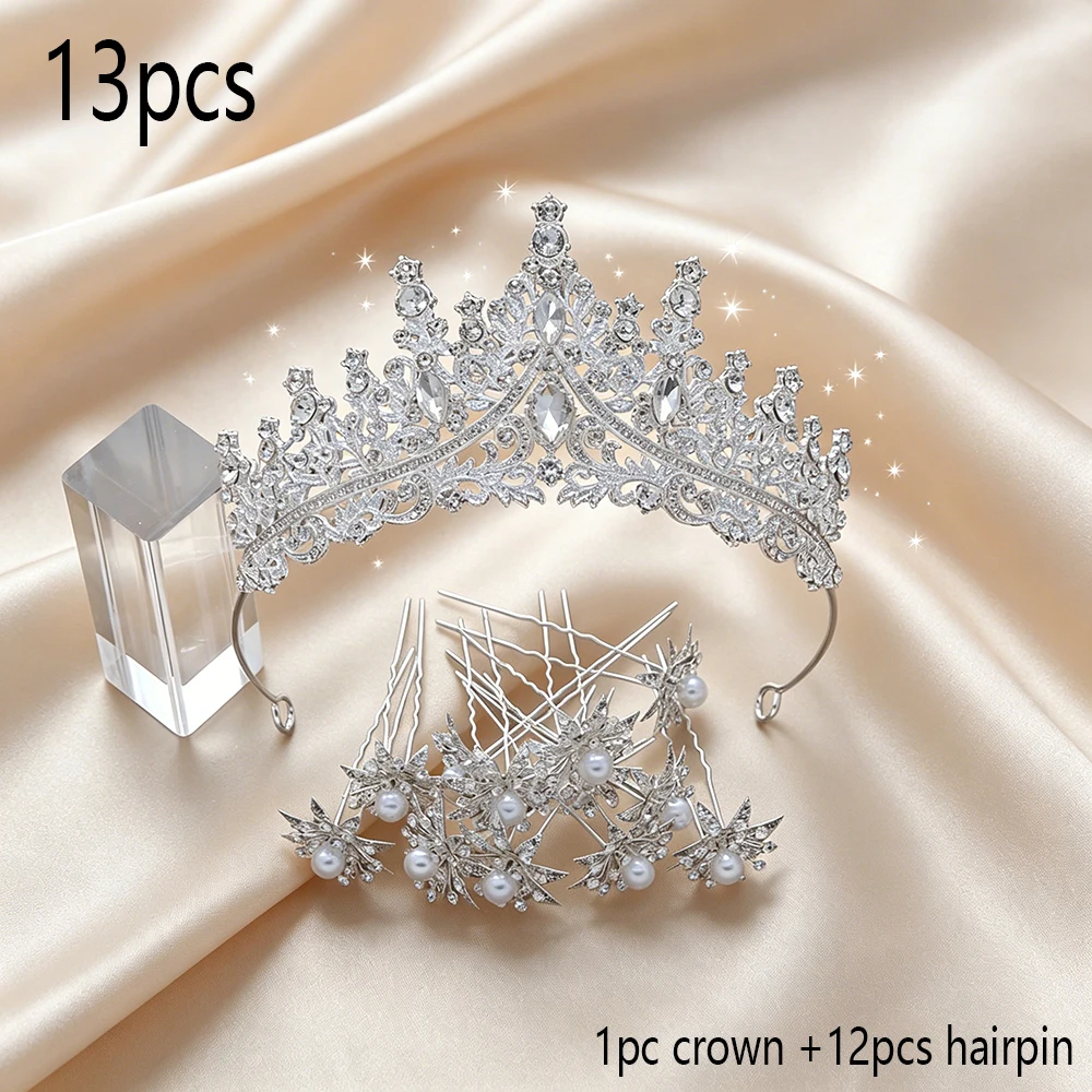 

13pcs Baroque Style Bridal Crowns Paired 12 Imitation Pearl Hair Clips Elegant Princess Weddings Dances Fashion Hair Accessory