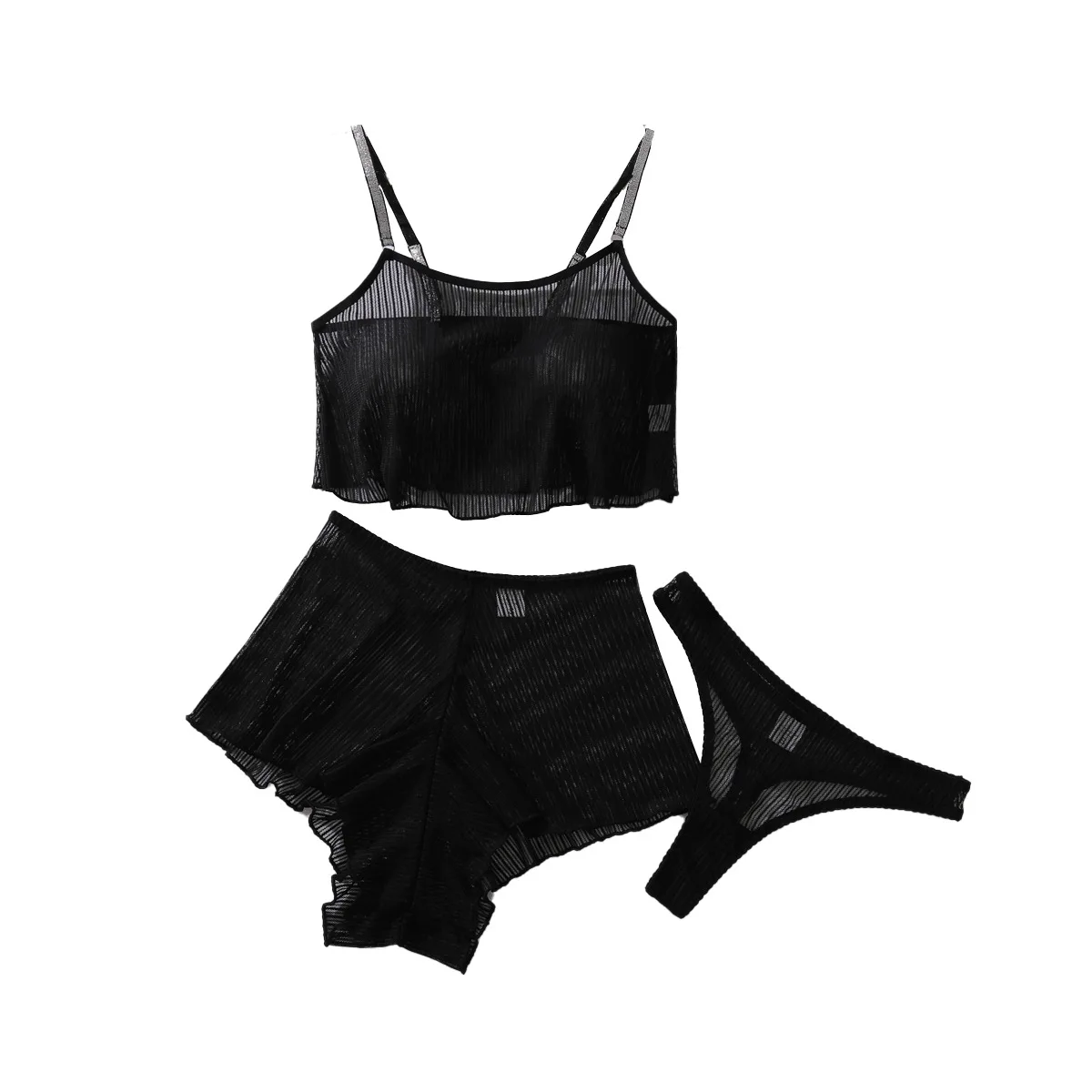 Black Perspective Mesh 2025 Perspective Lightweight, Comfortable, Breathable and Sexy Underwear Split Set Three Piece Set