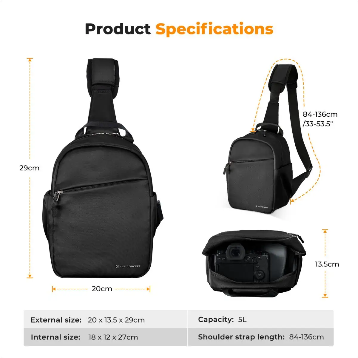 K&F Concept 5L Small Sling Camera Bag for Photographer Camera Crossbody Bag for DSLR Camera Compact Camera Case