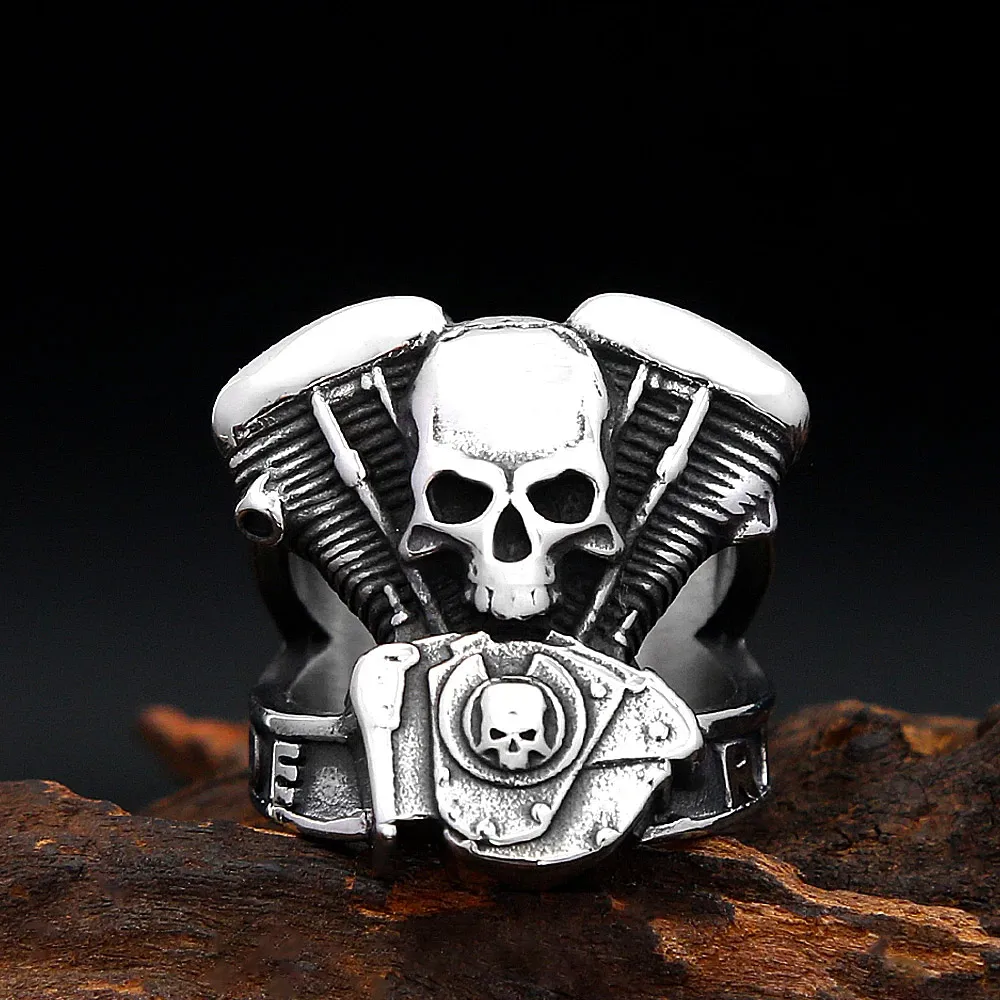 Classic Punk Biker Skull Motorcycle Engine Stainless Steel Ring For Men Women Gothic Hip Hop Men Rider Daily Fashion Jewelry