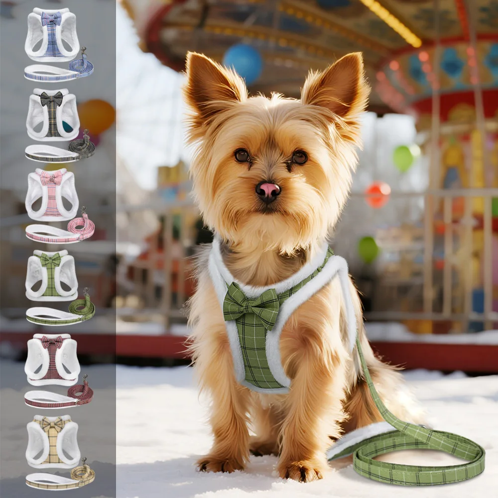 

Зимний теплый комплект поводка для собаки, мягкая меховая подкладка, жилет для собаки, регулируемая шлейка для домашних животных без тяги с поворотным поводком, милый бантик