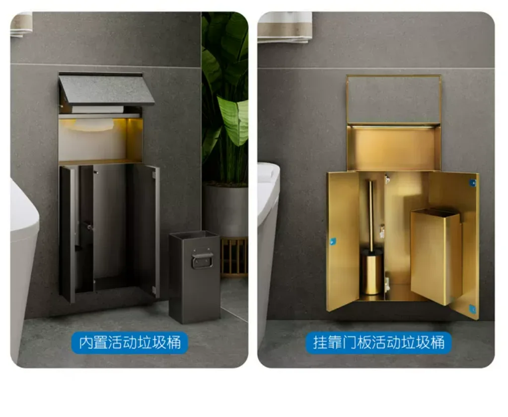 Premium 304 Stainless Steel Recessed Wall Niche Hidden Trash Bin Tissue Box Built In Shelf