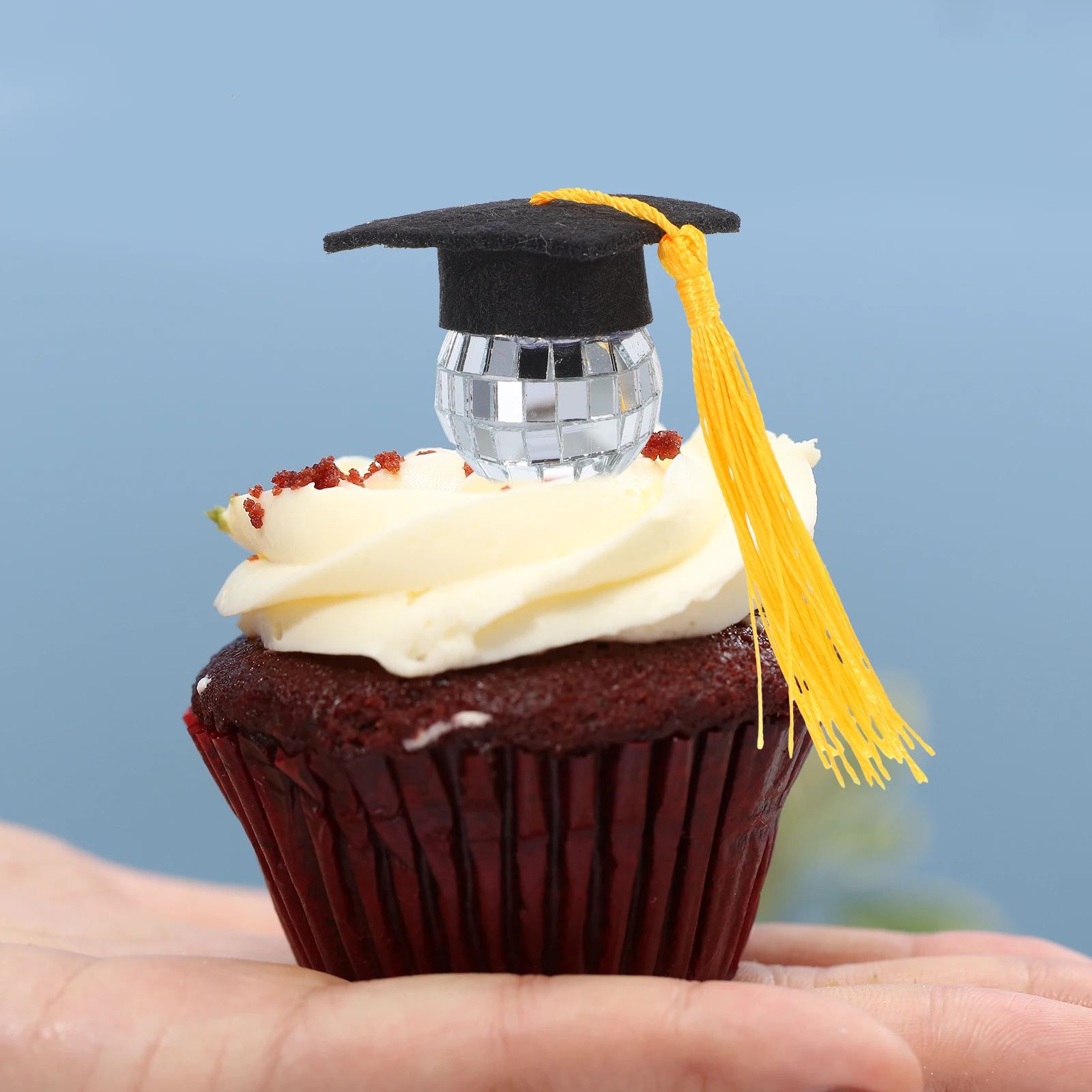 

10pcs Cap Toppers Disco Ball Design Tassel For Party Diy Cake Decorations Mini Grad Cap Cupcake Toppers For School Graduations