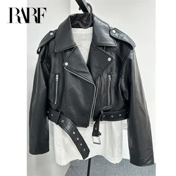 2024 RARF Women's washed leather jacket with belt, short coat with downgraded zipper and vintage lapel, e jacket