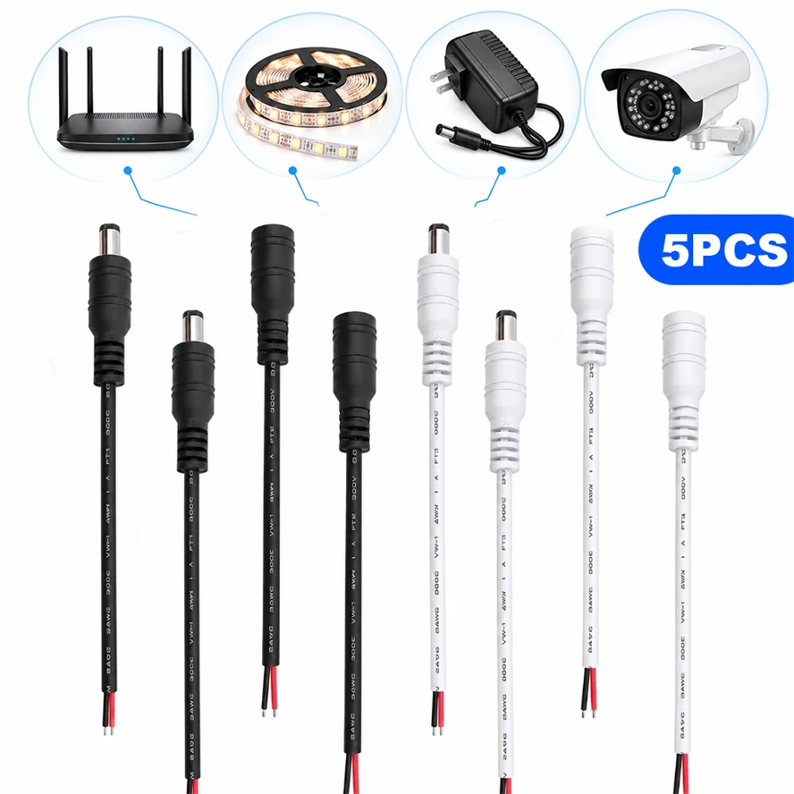5PCS Black/white Power Cord 5.5*2.1mm Male and Female Plug 22AWG 5V 12V 24V DC Power Plug Jack Pigtail Cable Wire Connector DIY