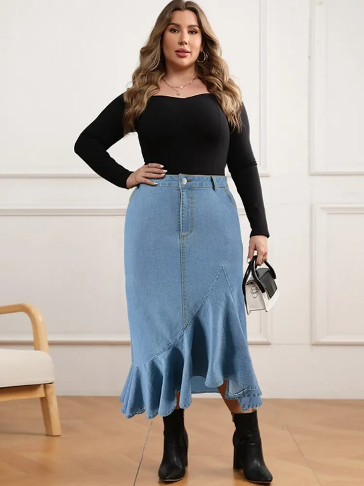 Summer New Plus Size Clothes High Waist Slit Denim Skirt For Women Washed Retro Pencil Skirt Hip-covering Straight Long Skirt