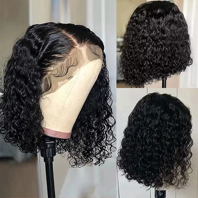 Perruque Bob Lace Front Wig Deep Wave Brésilienne Naturelle, Cheveux Vierges, 13x5x1, 10A, pour Femme Africaine