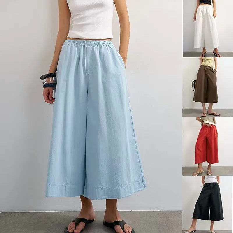 Casual Pockets Mid Rise Pants with Capri Length Loose Fit Regular Thickness Woven Women Pants Elegant Commuter Summer Autumn