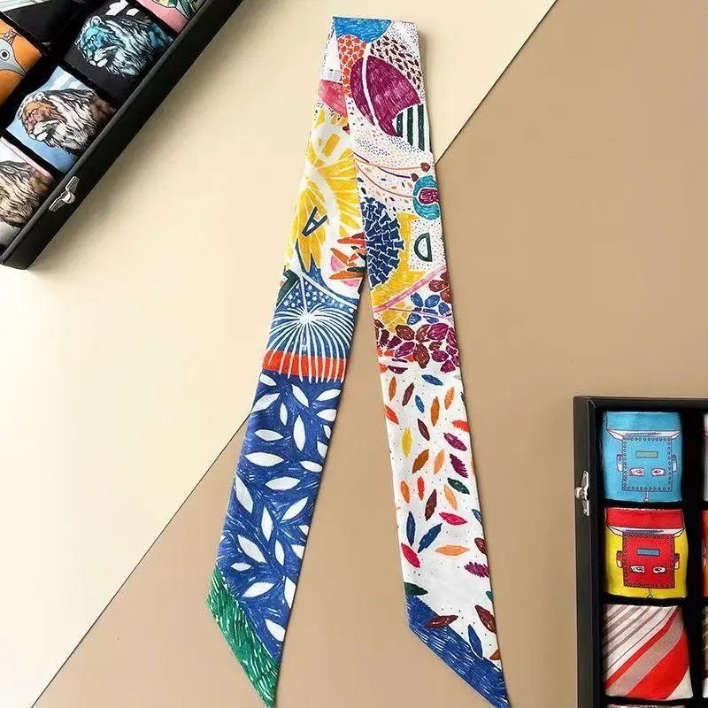 2025 Hot French Fashion Versatile Plant Flower Twill Ribbon Wrap Bag Handle Ribbon Silk Scarf Gift Wholesale 5 * 90cm