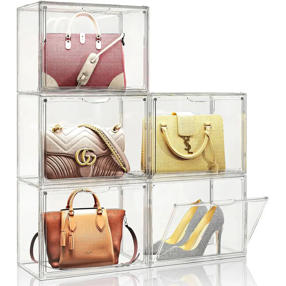 

Clear Purse Organizer for Closet, 5 Pack Handbag Storage Organizer, Acrylic Display Case for Collectibles, Stackable Storage Bin