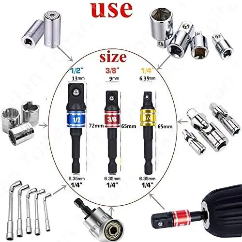 Bộ 3 Máy Khoan Ổ Cắm Adapter Bộ Chuôi Lục Giác Tác Động Driver Ổ Cắm Adapter Ổ Cắm 1/4 "3/8" 1/2 "Tác Động Điều Khiển Adapter