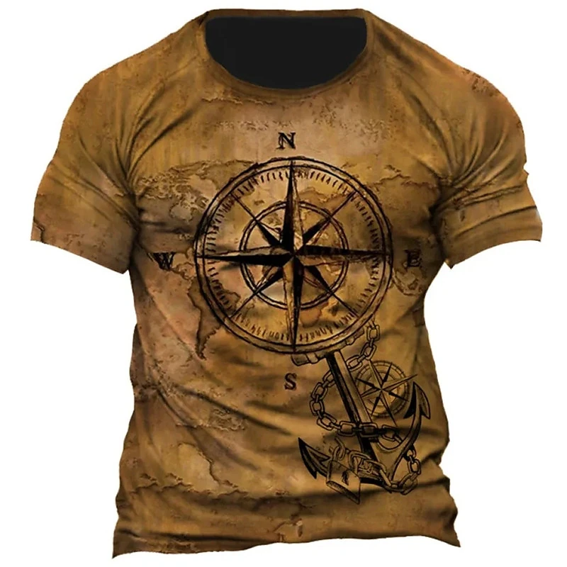New Vintage T -Shirt Men's Summer Short -Sleeved Navigation Compass 3d Print T -Shirt Fashion British Men's Clothing Streetwear image 2