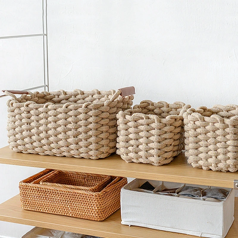 Hand-woven Storage Baskets Cotton Rope Weaving Box Sundries Cosmetic Organizer Desktop Storages Basket Panier Rangement