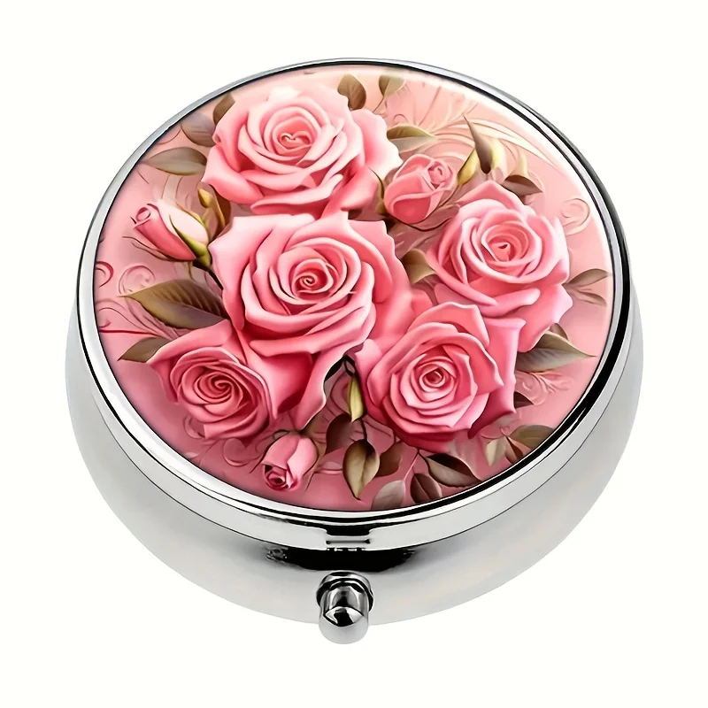 1 piece pink floral pattern metal pill box - 3 compartments, portable travel medicine organizer, suitable for handbags, unique gift idea, travel pill box, wallet medicine box, travel medicine organizer, decorative pill box, durable metal box, medicine storage box