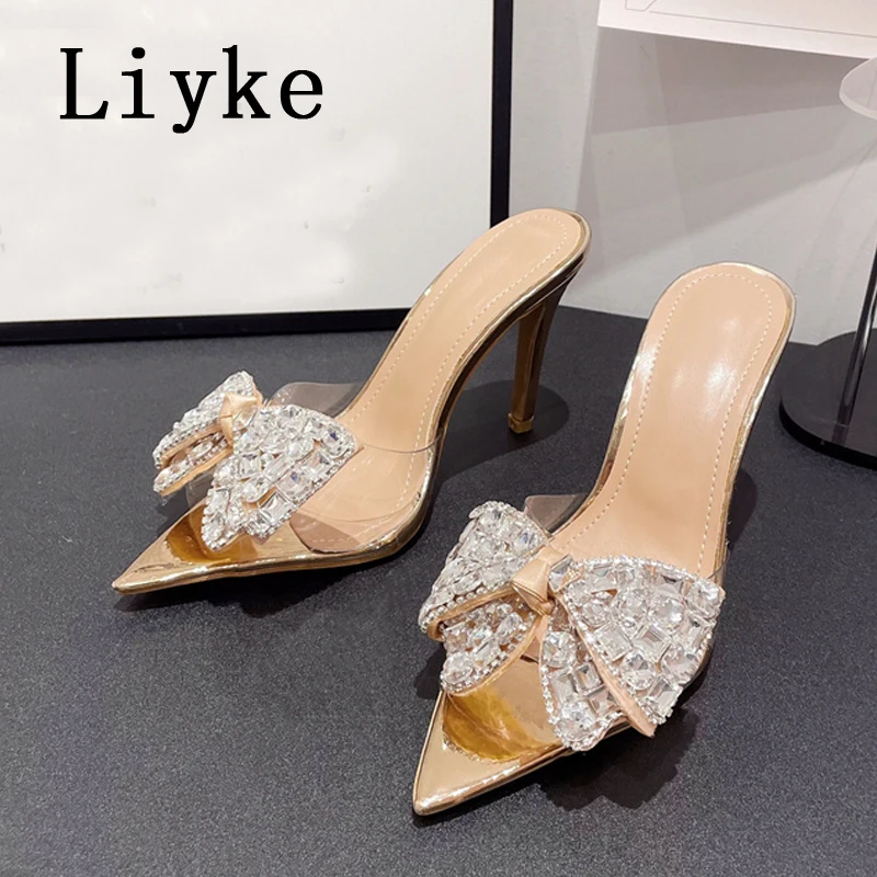 Liyke 2025 New Transparent Slippers For Women Fashion Silver Crystal Bowknot High Heels Female Mules Slides Summer Sandals Shoes