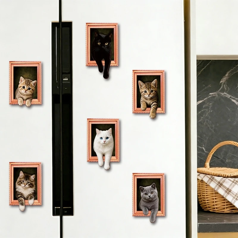 Gerahmte 3D-Katzen-Kühlschrankmagnete für Küchendekorationen, Holzakzent für Schließfächer, Whiteboards und Home-Office-Display – Detail 1