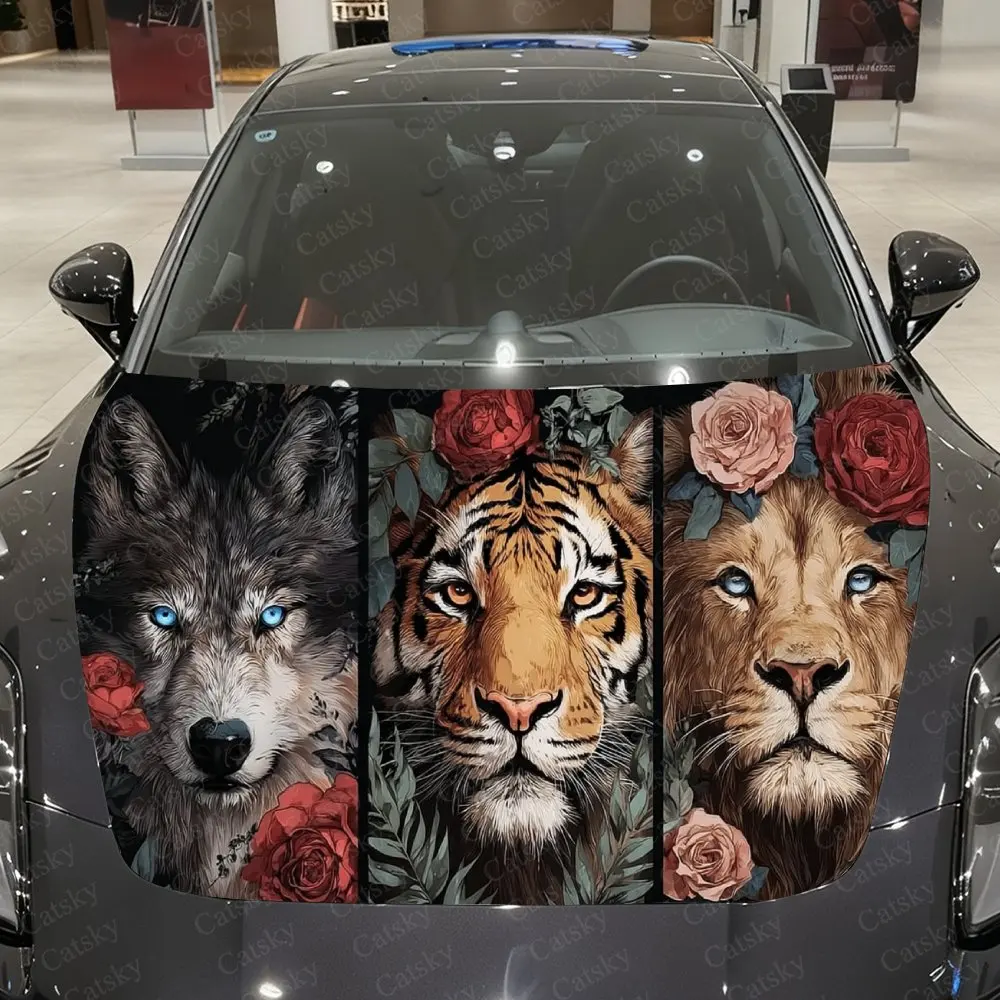 Three Beasts with Flower Cluster Car Vinyl Wrap, PVC Waterproof Car Hood Sticker, Self-Adhesive Scratch-Resistant Stickers
