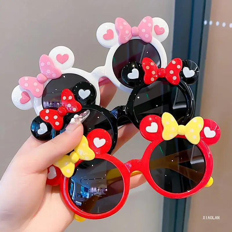 Serie Disney di occhiali da sole Mickey con fiocco per bambini, occhiali da sole da cartone animato per ragazze, simpatici ombretti Minnie, Spot hot