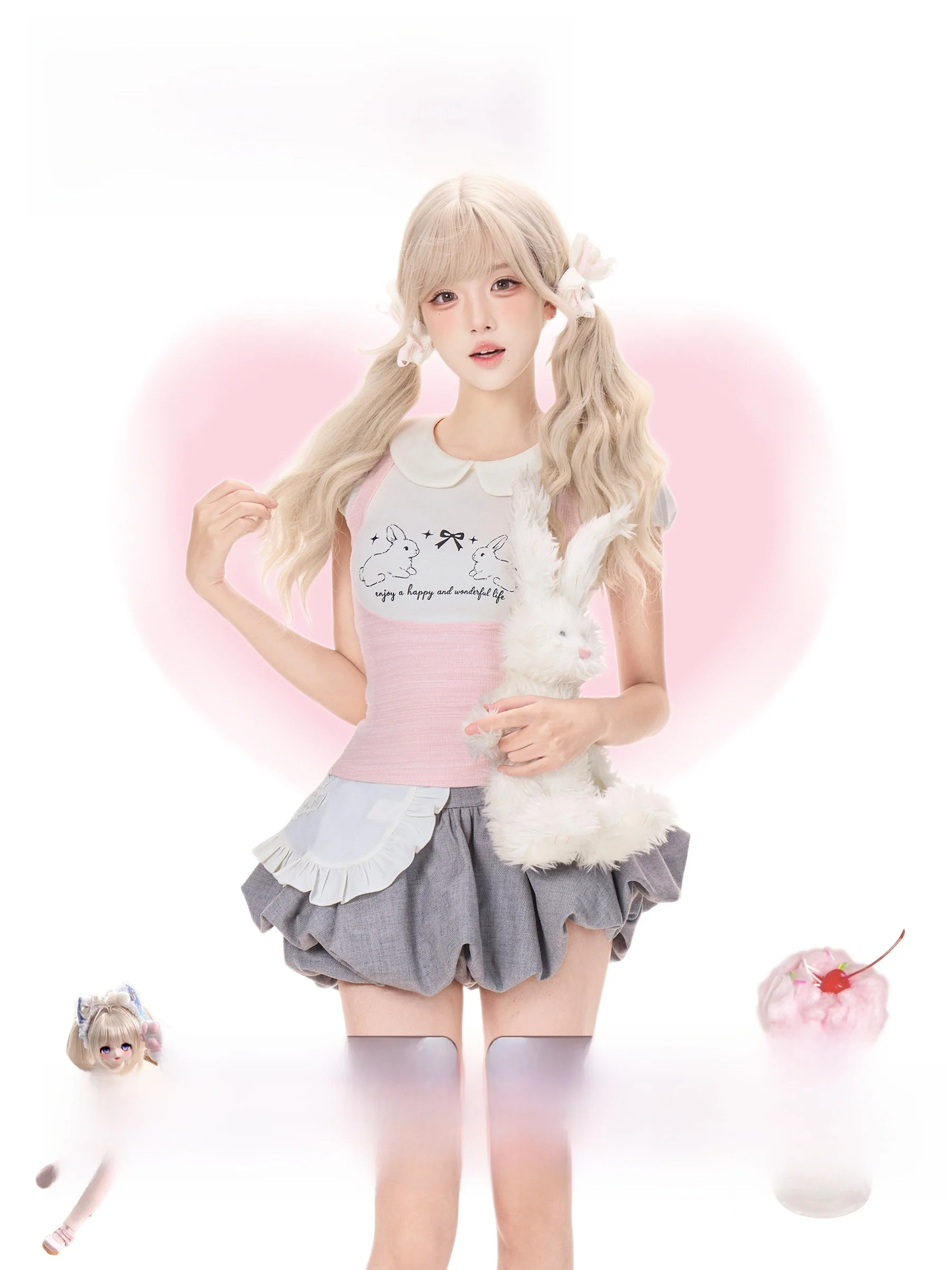 Daily Style Sweet Rabbit Postcard Print Shirt Bubble Pants Apron Pink White Two-Piece Mock Shirt Grey Bubble Pants Apron