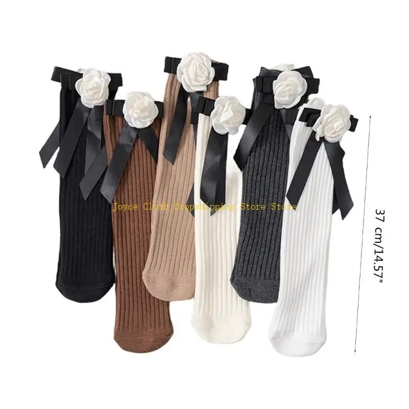Chaussettes hautes pour enfants filles, uniforme scolaire, chaussettes japonaises élégantes camélia avec nœud papillon, longues
