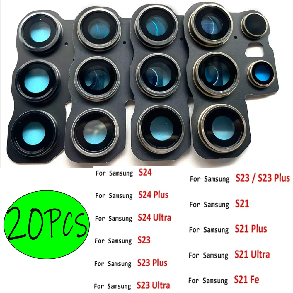 

20 шт., для Samsung S23 S24 Plus S21 S22 Ultra S24 Fe S20, стеклянный объектив задней камеры с крышкой, держателем рамки