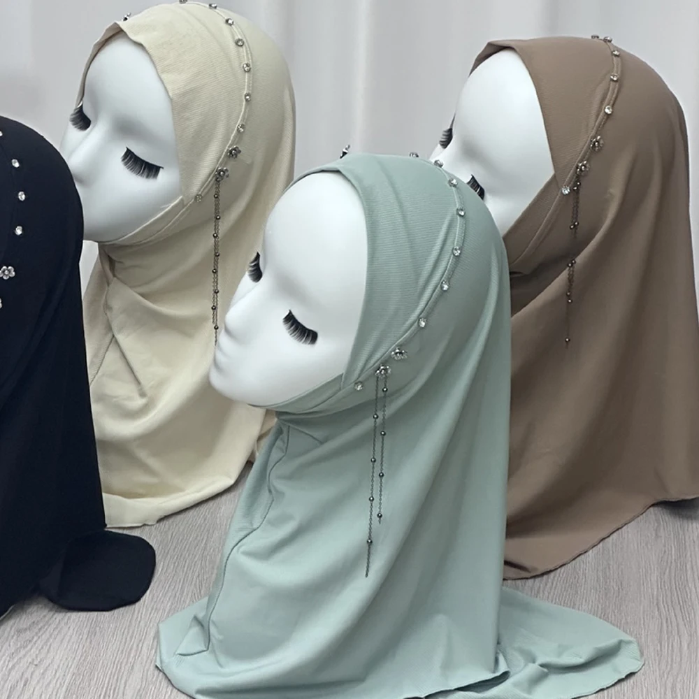 

Amira женский длинный шарф с кисточками и бриллиантами, хиджаб, мусульманский платок, мгновенные шарфы, исламские молитвенные хиджабы, тюрбан, никаб, повязка на голову