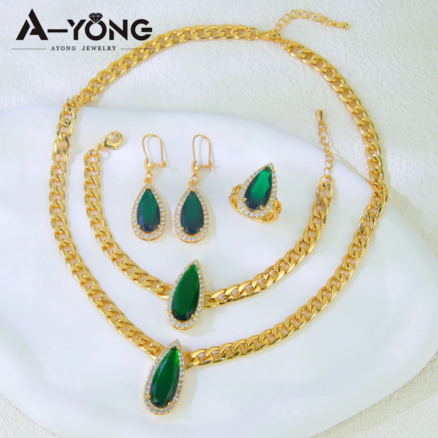 Luxuriöses brasilianisches Zirkonia-Schmuckset, 21 Karat vergoldet, bunter Wassertropfen-Anhänger, Halskette, Algerien, Damen-Hochzeitsschmuck – Detail 6