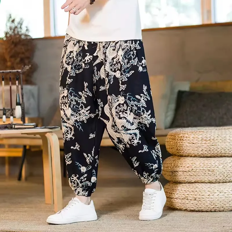 

Chinese Style Printed Men's Hippie Yoga Harem Pants Cotton Linen Holiday Clothes Man Casual Floral Joggers Drop-crotch Trousers